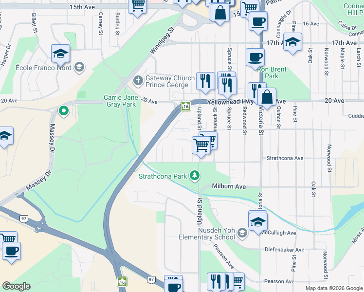 map of restaurants, bars, coffee shops, grocery stores, and more near 2131 Upland Street in Prince George