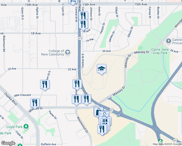 map of restaurants, bars, coffee shops, grocery stores, and more near 2901 Griffiths Avenue in Prince George