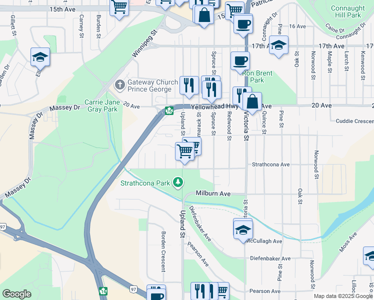 map of restaurants, bars, coffee shops, grocery stores, and more near 1736 Strathcona Avenue in Prince George
