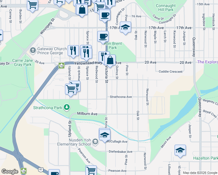 map of restaurants, bars, coffee shops, grocery stores, and more near 2212 Victoria Street in Prince George