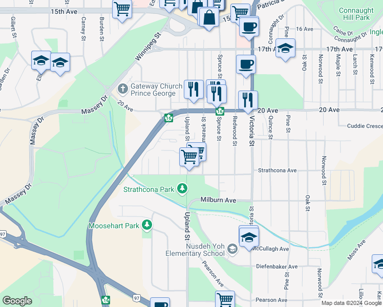 map of restaurants, bars, coffee shops, grocery stores, and more near 2110 Upland Street in Prince George