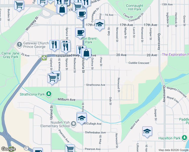 map of restaurants, bars, coffee shops, grocery stores, and more near 2128 Quince Street in Prince George