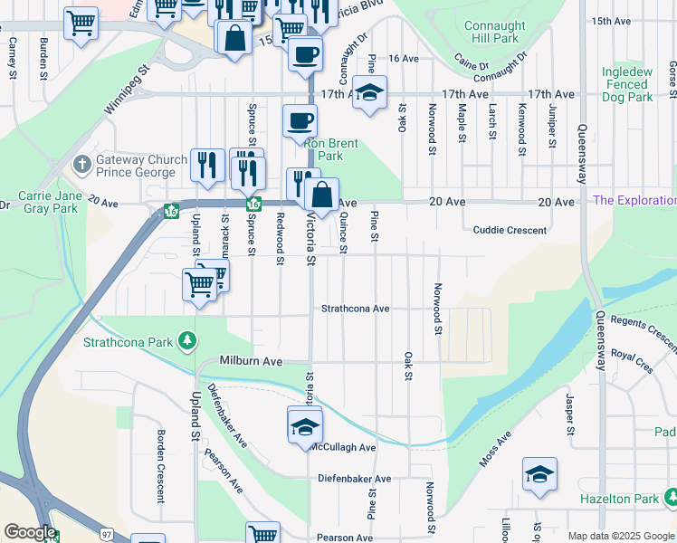 map of restaurants, bars, coffee shops, grocery stores, and more near 1495 Porter Avenue in Prince George