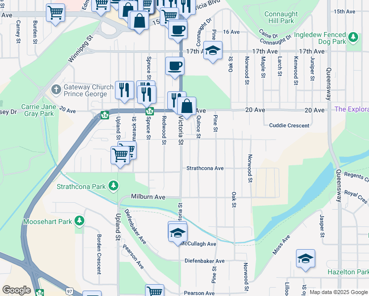 map of restaurants, bars, coffee shops, grocery stores, and more near 2125 Victoria Street in Prince George