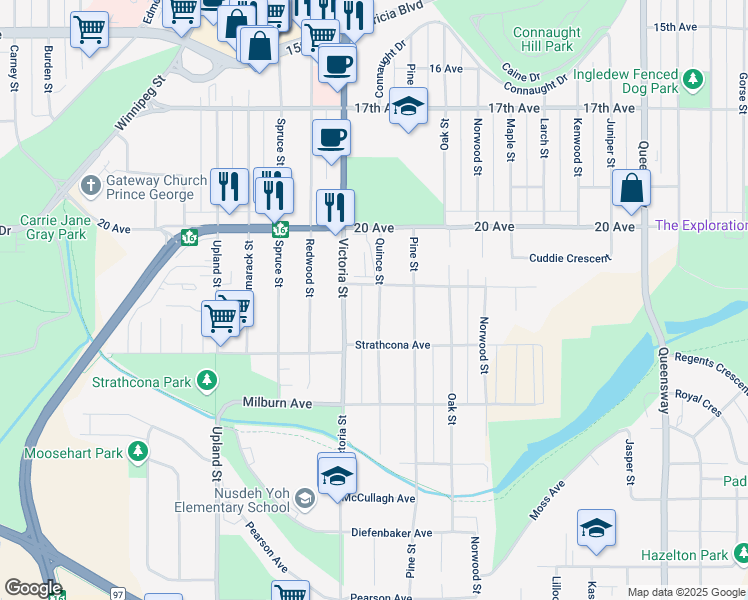 map of restaurants, bars, coffee shops, grocery stores, and more near 1495 Porter Avenue in Prince George