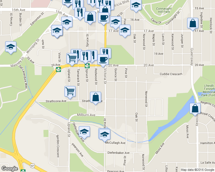 map of restaurants, bars, coffee shops, grocery stores, and more near 2125 Victoria Street in Prince George