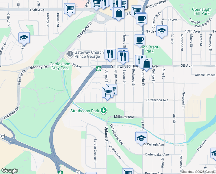 map of restaurants, bars, coffee shops, grocery stores, and more near 2110 Upland Street in Prince George