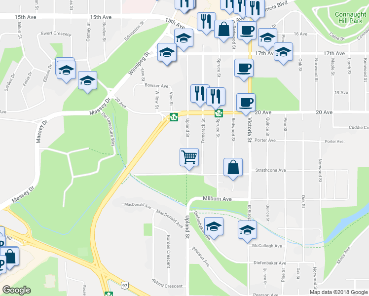 map of restaurants, bars, coffee shops, grocery stores, and more near 95 Upland Street in Prince George