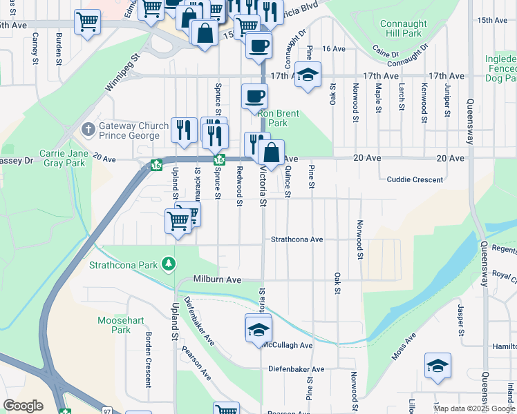 map of restaurants, bars, coffee shops, grocery stores, and more near 2145 Victoria Street in Prince George