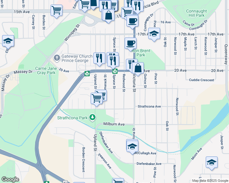 map of restaurants, bars, coffee shops, grocery stores, and more near Spruce Street in Prince George
