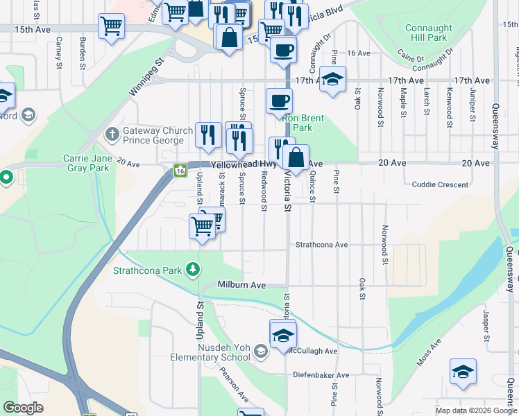 map of restaurants, bars, coffee shops, grocery stores, and more near 2139 Redwood Street in Prince George