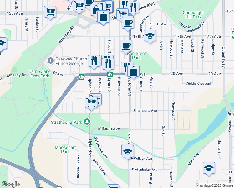 map of restaurants, bars, coffee shops, grocery stores, and more near 2139 Redwood Street in Prince George