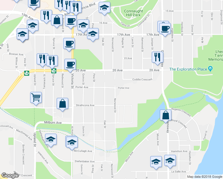 map of restaurants, bars, coffee shops, grocery stores, and more near 1319 Porter Avenue in Prince George