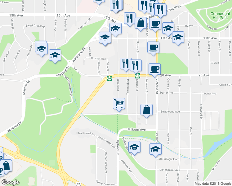 map of restaurants, bars, coffee shops, grocery stores, and more near 95 Upland Street in Prince George