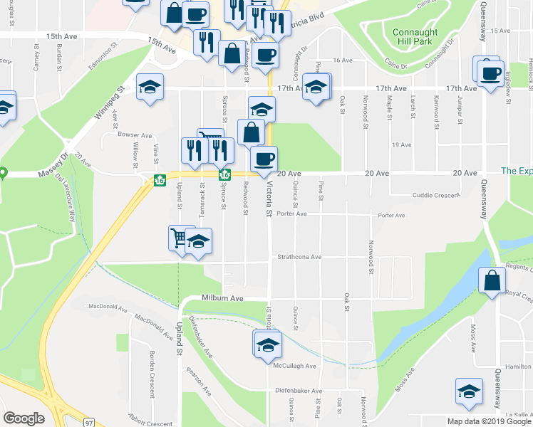 map of restaurants, bars, coffee shops, grocery stores, and more near 2125 Victoria Street in Prince George