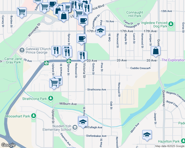 map of restaurants, bars, coffee shops, grocery stores, and more near 1495 Porter Avenue in Prince George