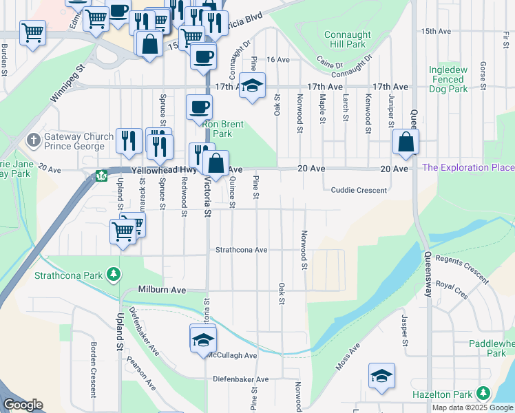map of restaurants, bars, coffee shops, grocery stores, and more near 2030 Pine Street in Prince George