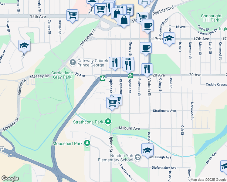 map of restaurants, bars, coffee shops, grocery stores, and more near 2110 Upland Street in Prince George