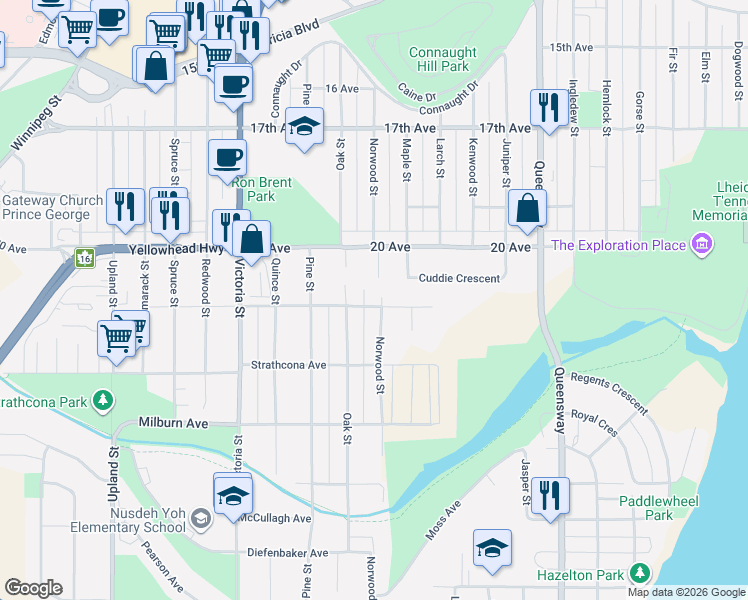 map of restaurants, bars, coffee shops, grocery stores, and more near 2091 Norwood Street in Prince George
