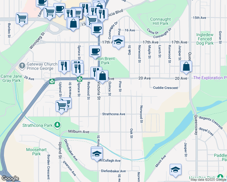 map of restaurants, bars, coffee shops, grocery stores, and more near 2062 Quince Street in Prince George
