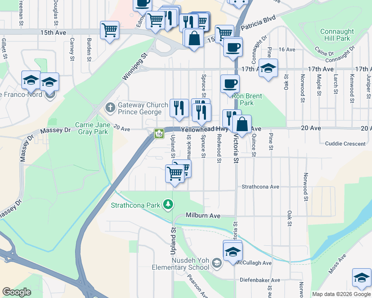 map of restaurants, bars, coffee shops, grocery stores, and more near 2105 Tamarack Street in Prince George