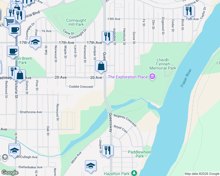 map of restaurants, bars, coffee shops, grocery stores, and more near 2055 Ingledew Street in Prince George