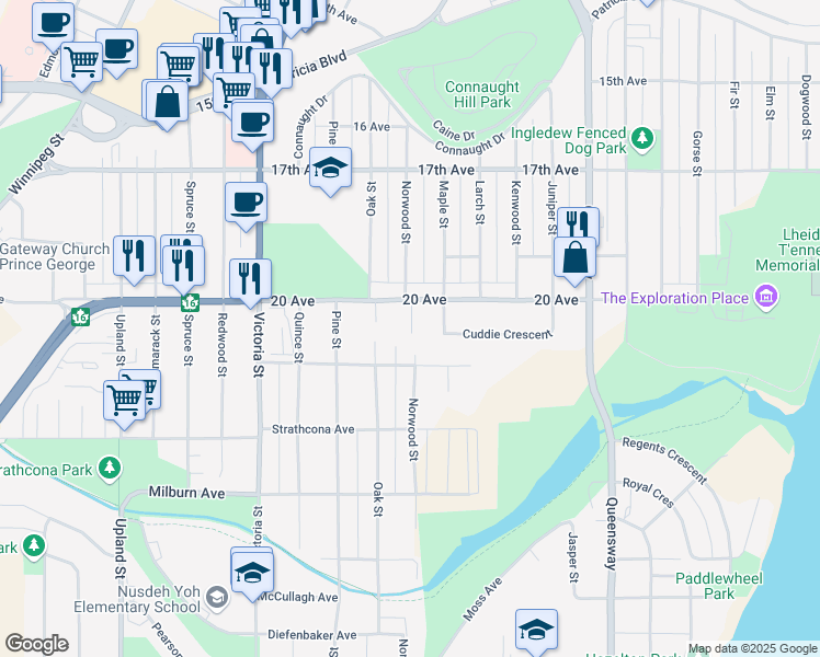 map of restaurants, bars, coffee shops, grocery stores, and more near 1977 Norwood Street in Prince George
