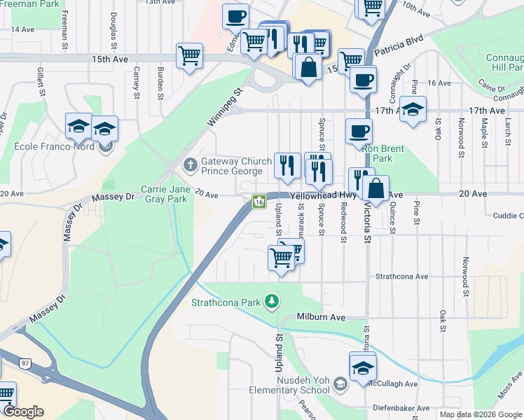 map of restaurants, bars, coffee shops, grocery stores, and more near 2007 Upland Street in Prince George