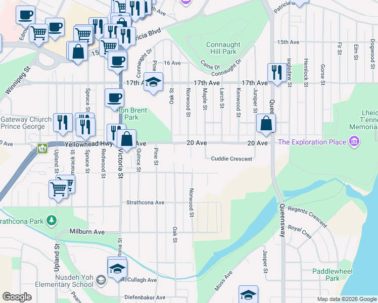 map of restaurants, bars, coffee shops, grocery stores, and more near 2021 Norwood Street in Prince George
