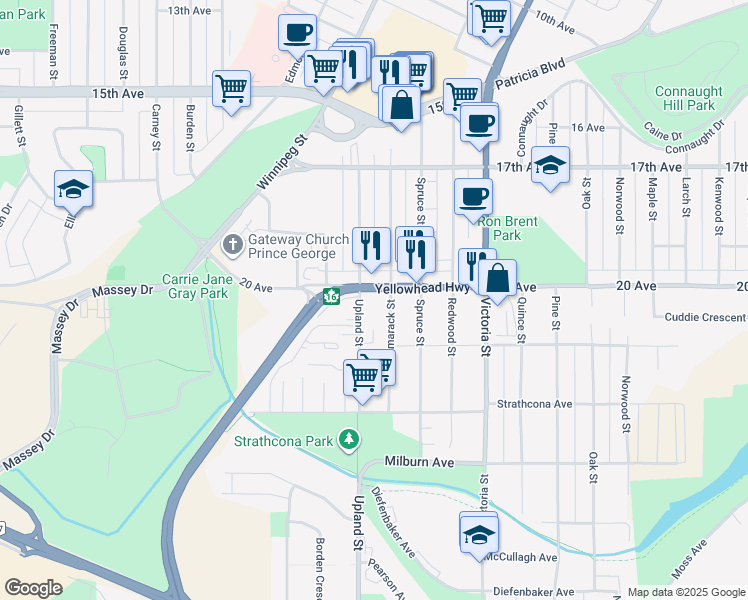 map of restaurants, bars, coffee shops, grocery stores, and more near 1737 20 Avenue in Prince George