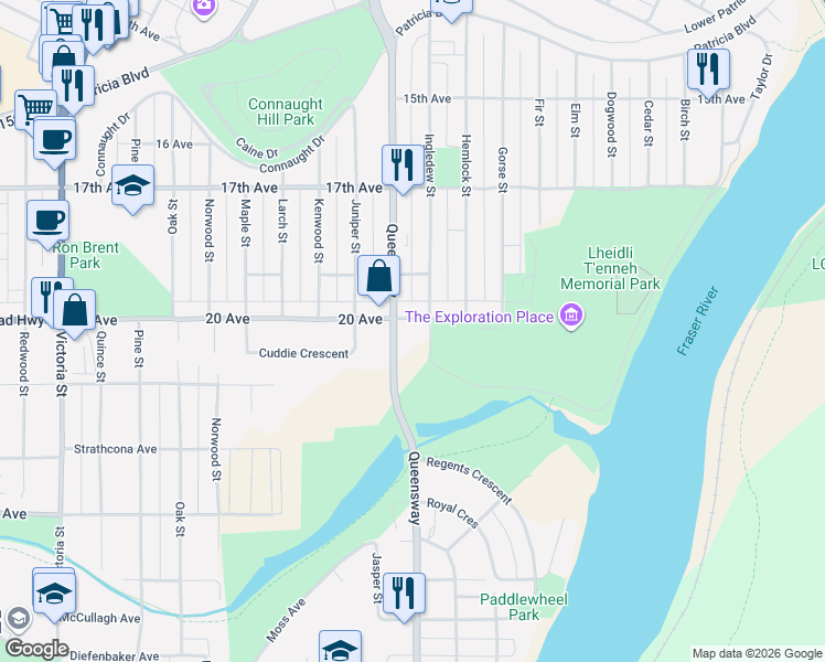 map of restaurants, bars, coffee shops, grocery stores, and more near 2055 Ingledew Street in Prince George