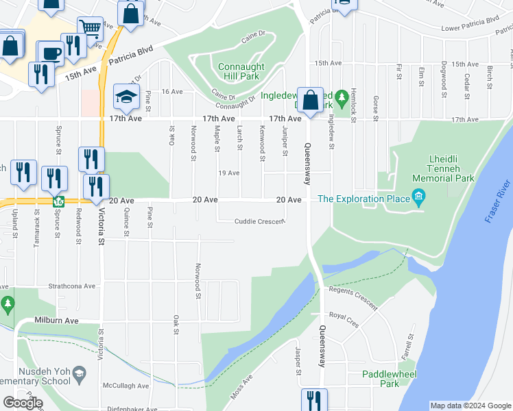map of restaurants, bars, coffee shops, grocery stores, and more near 1155 20 Avenue in Prince George