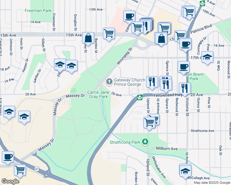 map of restaurants, bars, coffee shops, grocery stores, and more near 2049 20 Avenue in Prince George