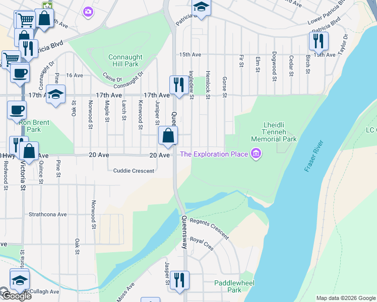 map of restaurants, bars, coffee shops, grocery stores, and more near 1991 Ingledew Street in Prince George