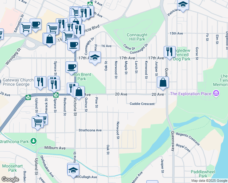 map of restaurants, bars, coffee shops, grocery stores, and more near 1977 Norwood Street in Prince George