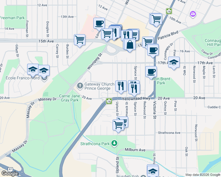 map of restaurants, bars, coffee shops, grocery stores, and more near 1918 Vine Street in Prince George