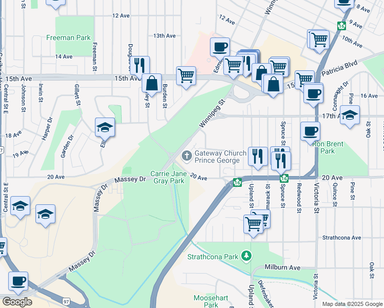 map of restaurants, bars, coffee shops, grocery stores, and more near 2033 Bowser Avenue in Prince George