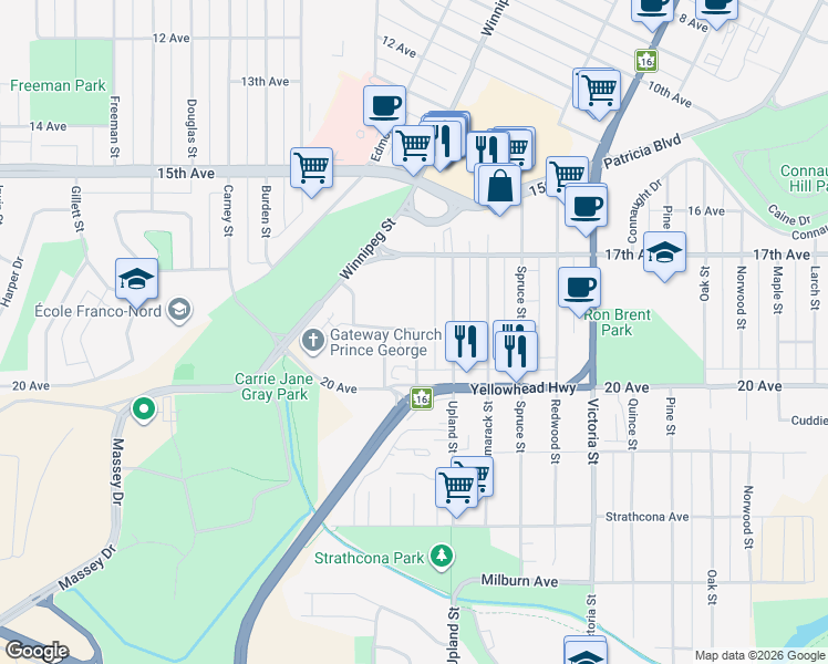 map of restaurants, bars, coffee shops, grocery stores, and more near 1885 Vine Street in Prince George