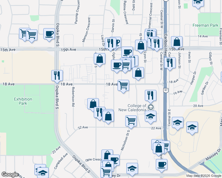 map of restaurants, bars, coffee shops, grocery stores, and more near 1837 Ogilvie Street in Prince George