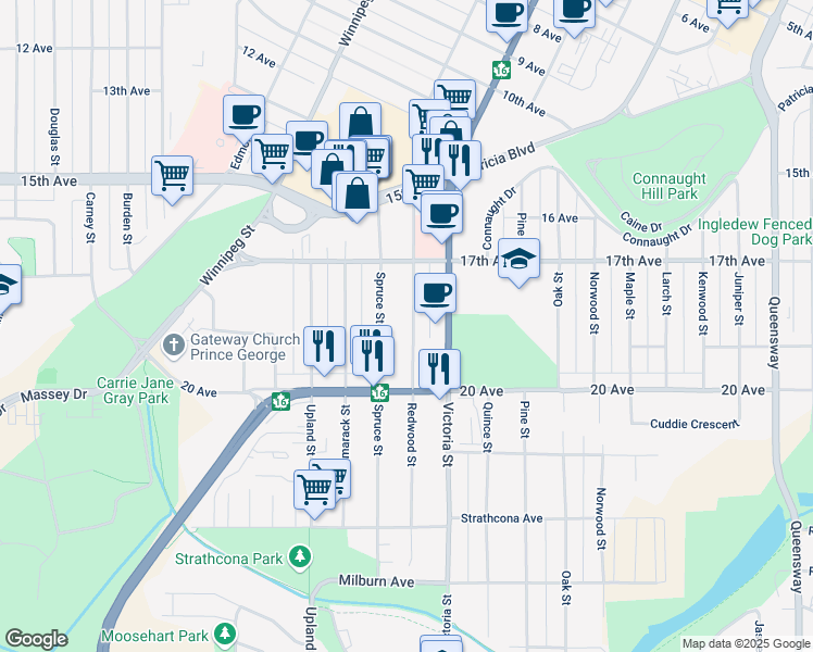 map of restaurants, bars, coffee shops, grocery stores, and more near 1845 Redwood Street in Prince George