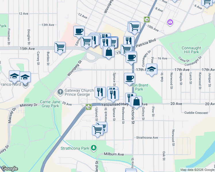 map of restaurants, bars, coffee shops, grocery stores, and more near 1830 Tamarack Street in Prince George