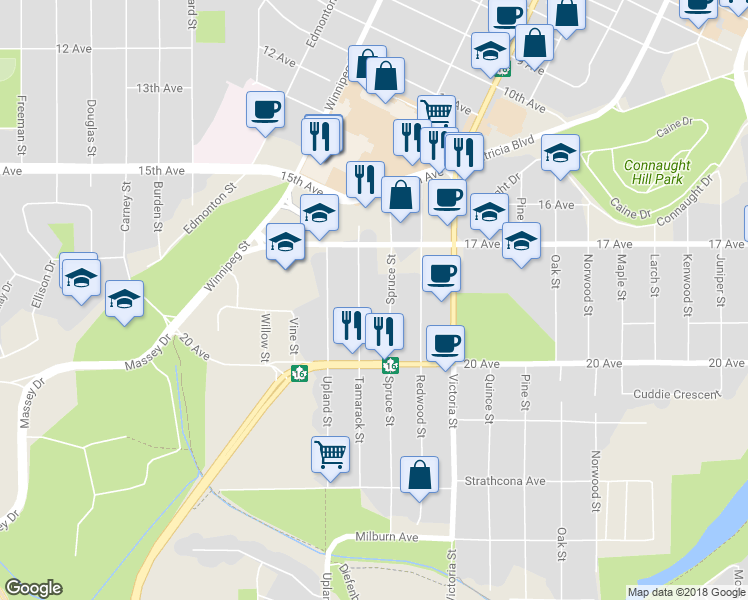 map of restaurants, bars, coffee shops, grocery stores, and more near 1830 Tamarack Street in Prince George