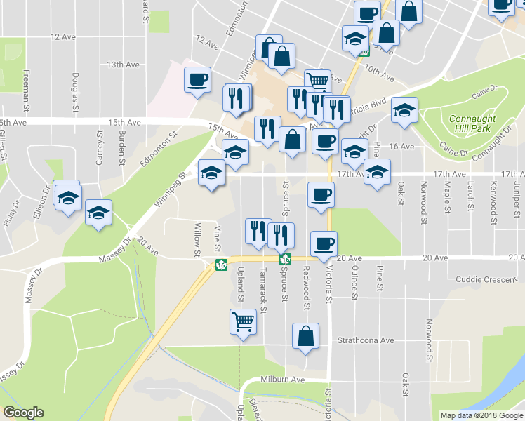 map of restaurants, bars, coffee shops, grocery stores, and more near 1821 Tamarack Street in Prince George