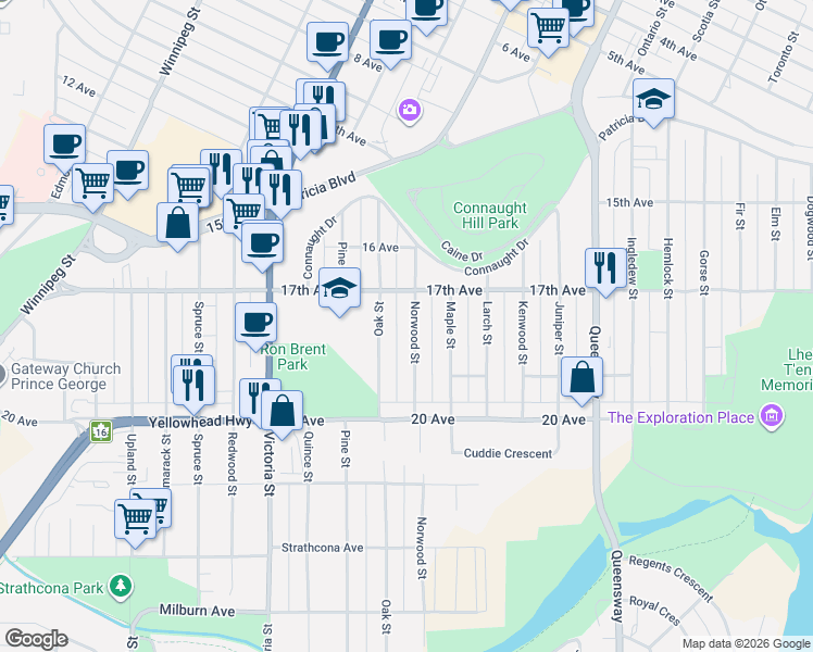 map of restaurants, bars, coffee shops, grocery stores, and more near 1769 Norwood Street in Prince George