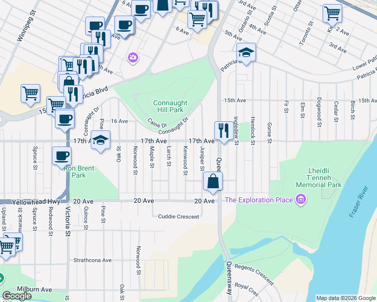 map of restaurants, bars, coffee shops, grocery stores, and more near 1758 Kenwood Street in Prince George