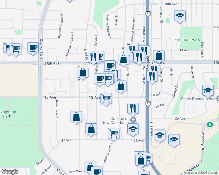 map of restaurants, bars, coffee shops, grocery stores, and more near 1787 Nicholson St S Prince George, BC V2N 2Z9 Nicholson Street South in Prince George