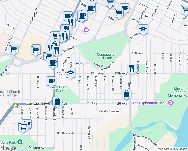 map of restaurants, bars, coffee shops, grocery stores, and more near 1709 Maple Street in Prince George