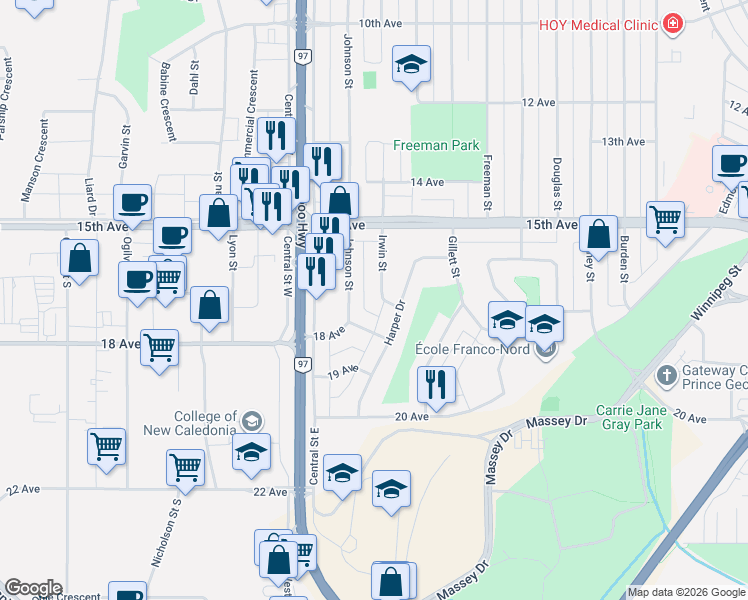 map of restaurants, bars, coffee shops, grocery stores, and more near 1755 Irwin Street in Prince George