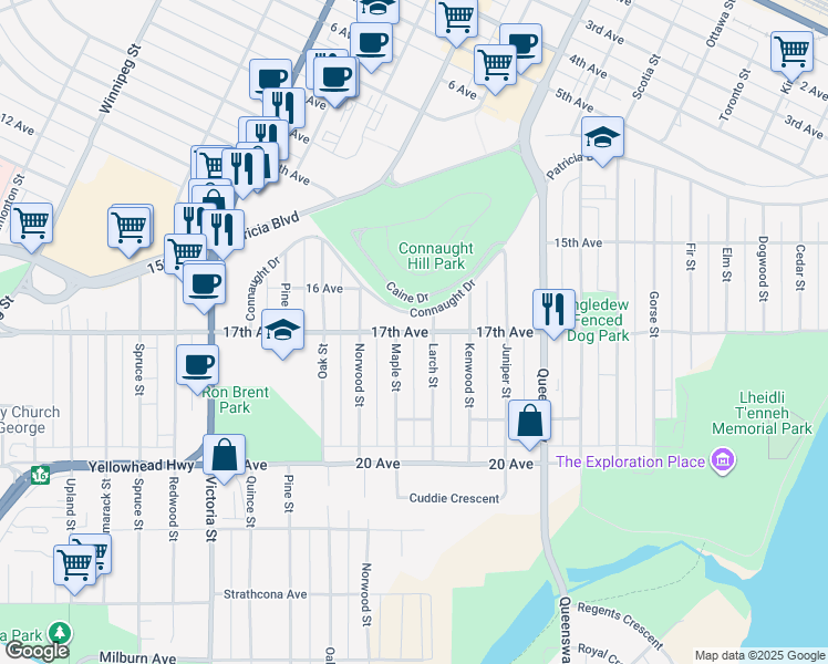 map of restaurants, bars, coffee shops, grocery stores, and more near 17th Avenue in Prince George
