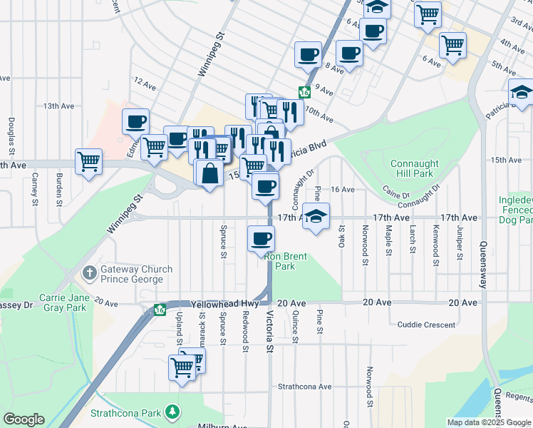 map of restaurants, bars, coffee shops, grocery stores, and more near 108 17th Avenue in Prince George